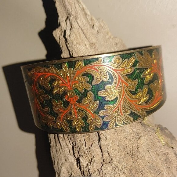 Vintage Brass Cloisonné Bangle Bracelet Ornate Green Orange Enamel Design - Picture 4 of 7